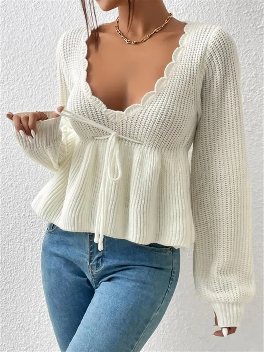 Scalloped V-Neck Drawstring Knit Top, image 4
