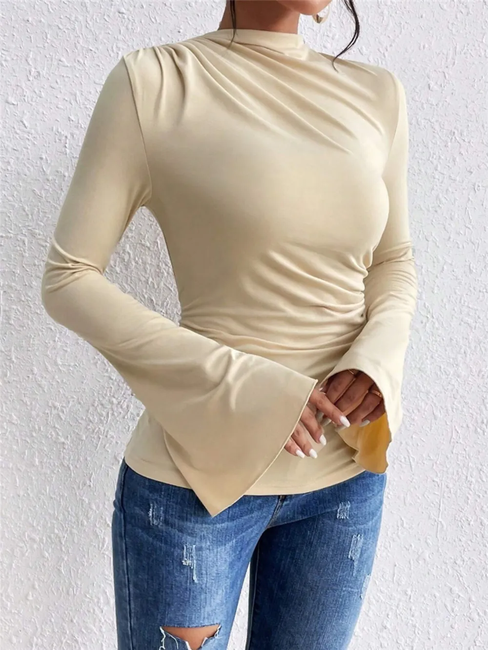 Bell Sleeve Ruched Fitted T-Shirt with Mock Neck, image 2