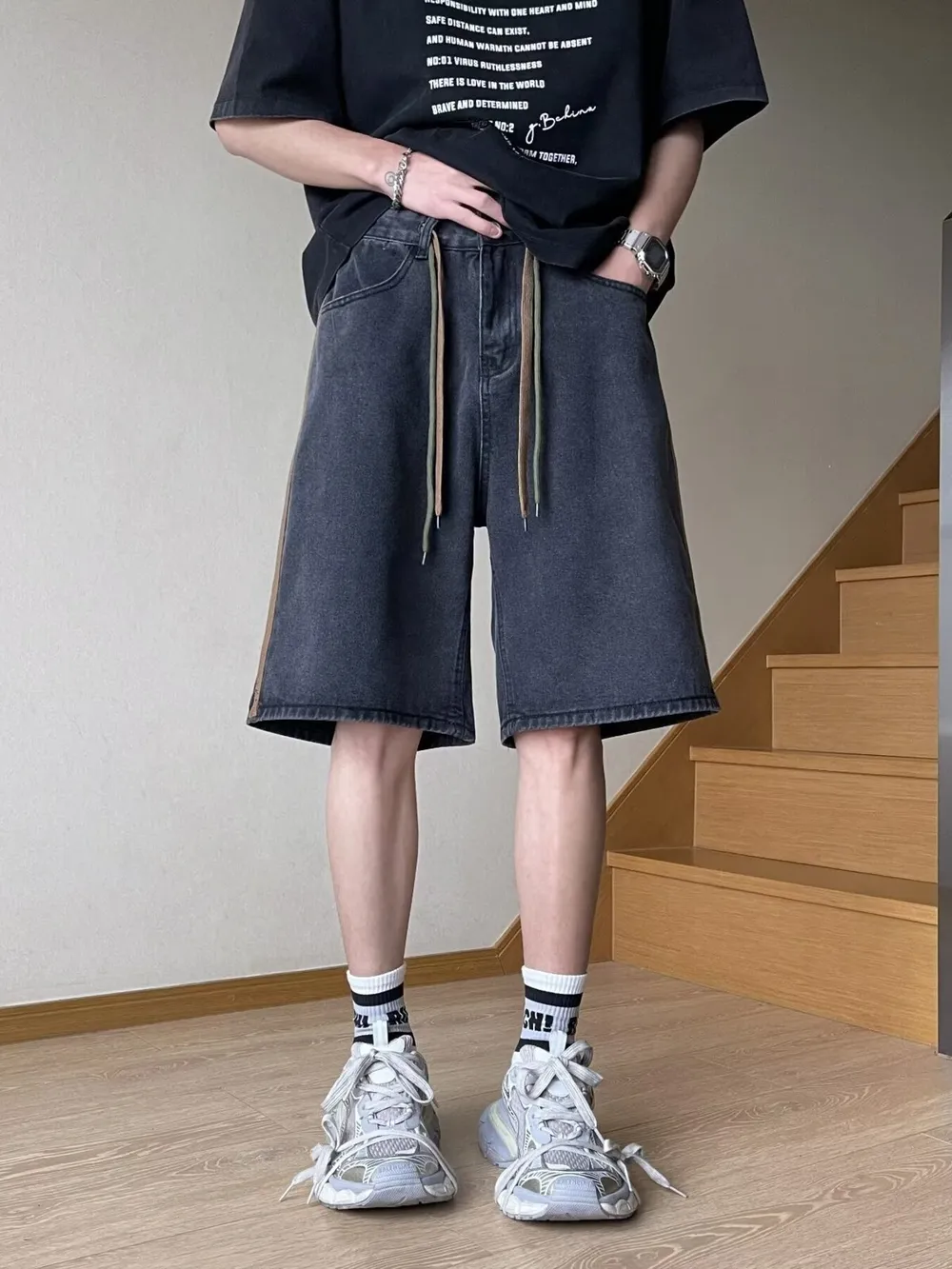 Men's Full Size Drawstring Wide-Leg Denim Shorts Plus Size