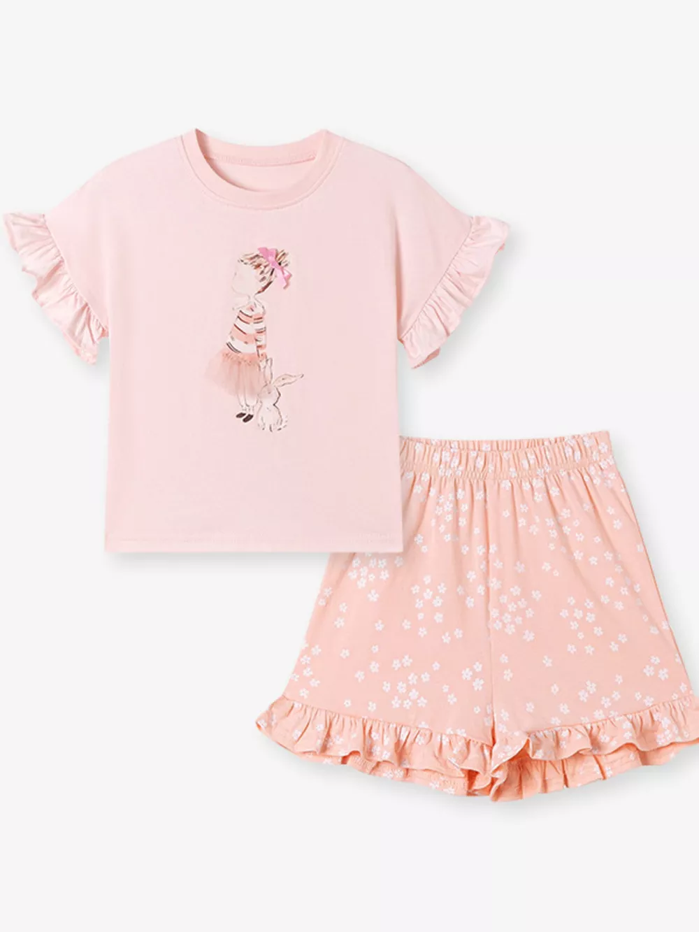 Children's Ruffled Sleeve Graphic Tee & Floral Shorts Set, image 2