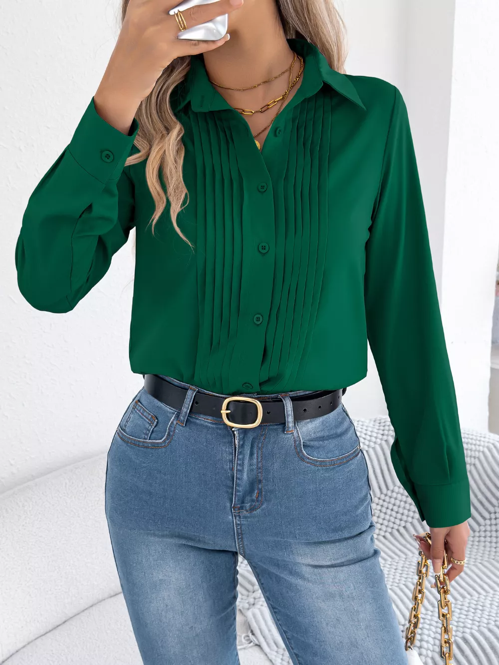 Pleated Front Long Sleeve Shirt, image 12
