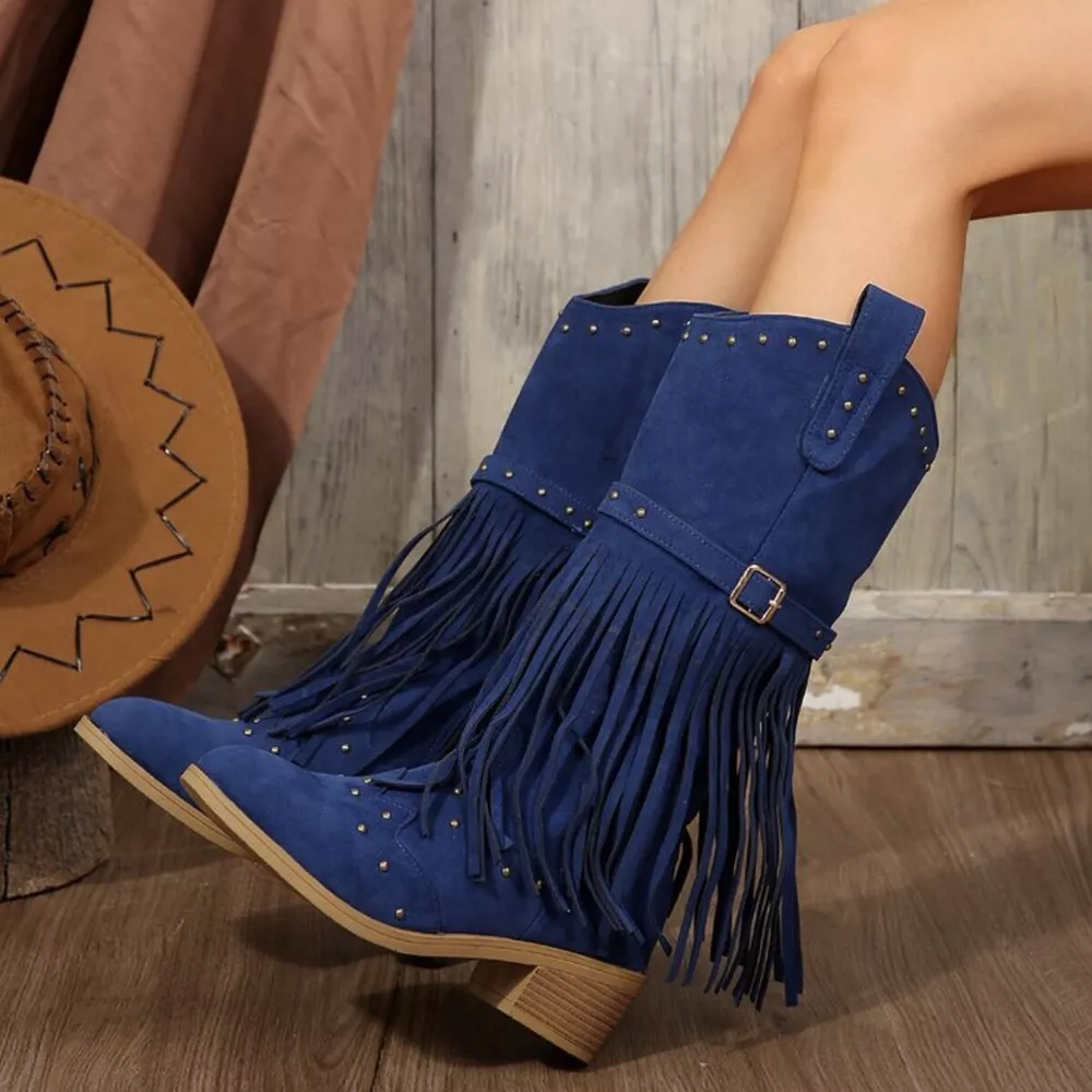 Fringe Point Toe Block Heels Boots, image 4