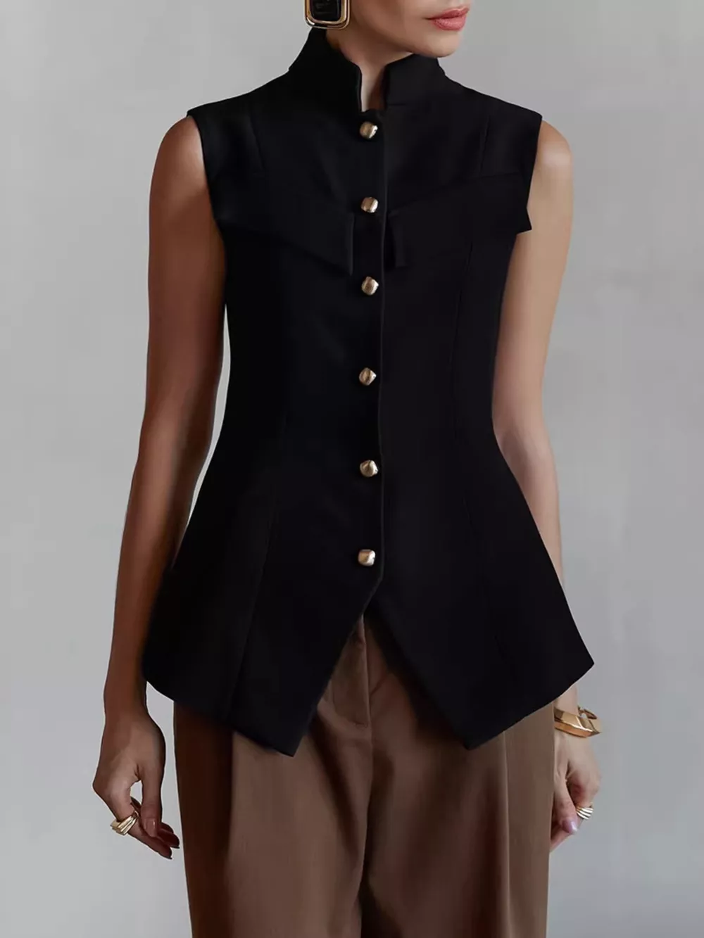 Stand Collar Button-Down Vest Coat, image 2