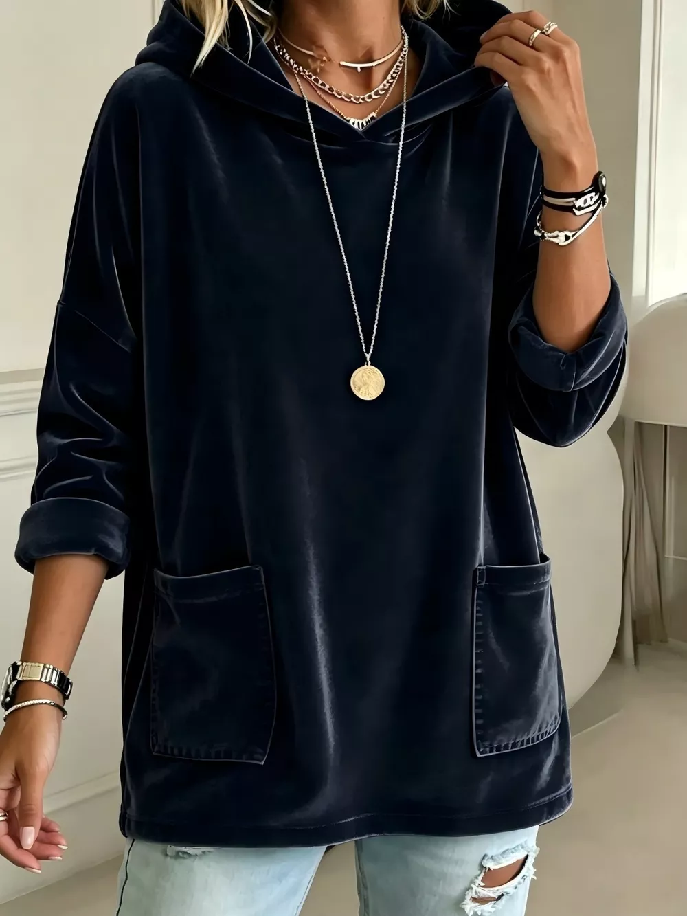 Full Size Velvet Long Sleeve Hoodie with Front Pockets Plus Size, image 5