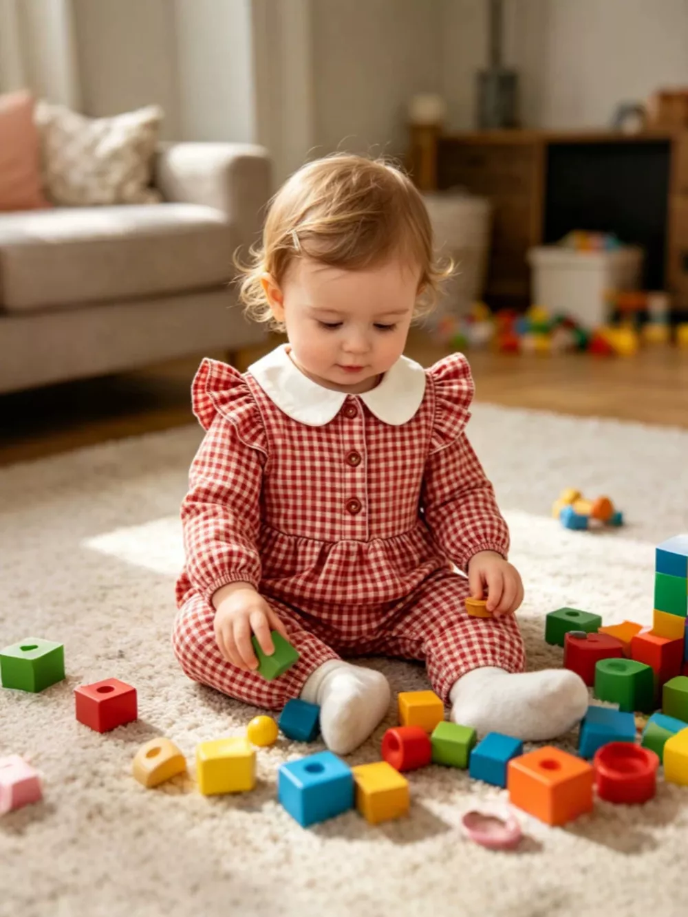 Children's Gingham Ruffled Long Sleeve One-Piece, image 3