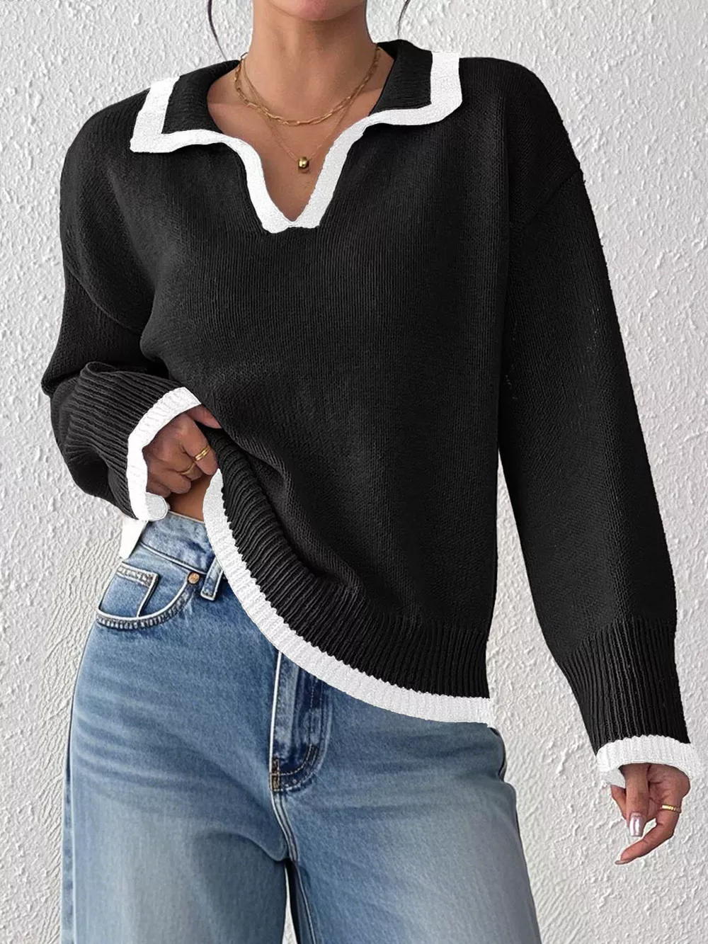 Contrast Trim Polo Collar Sweater, image 4
