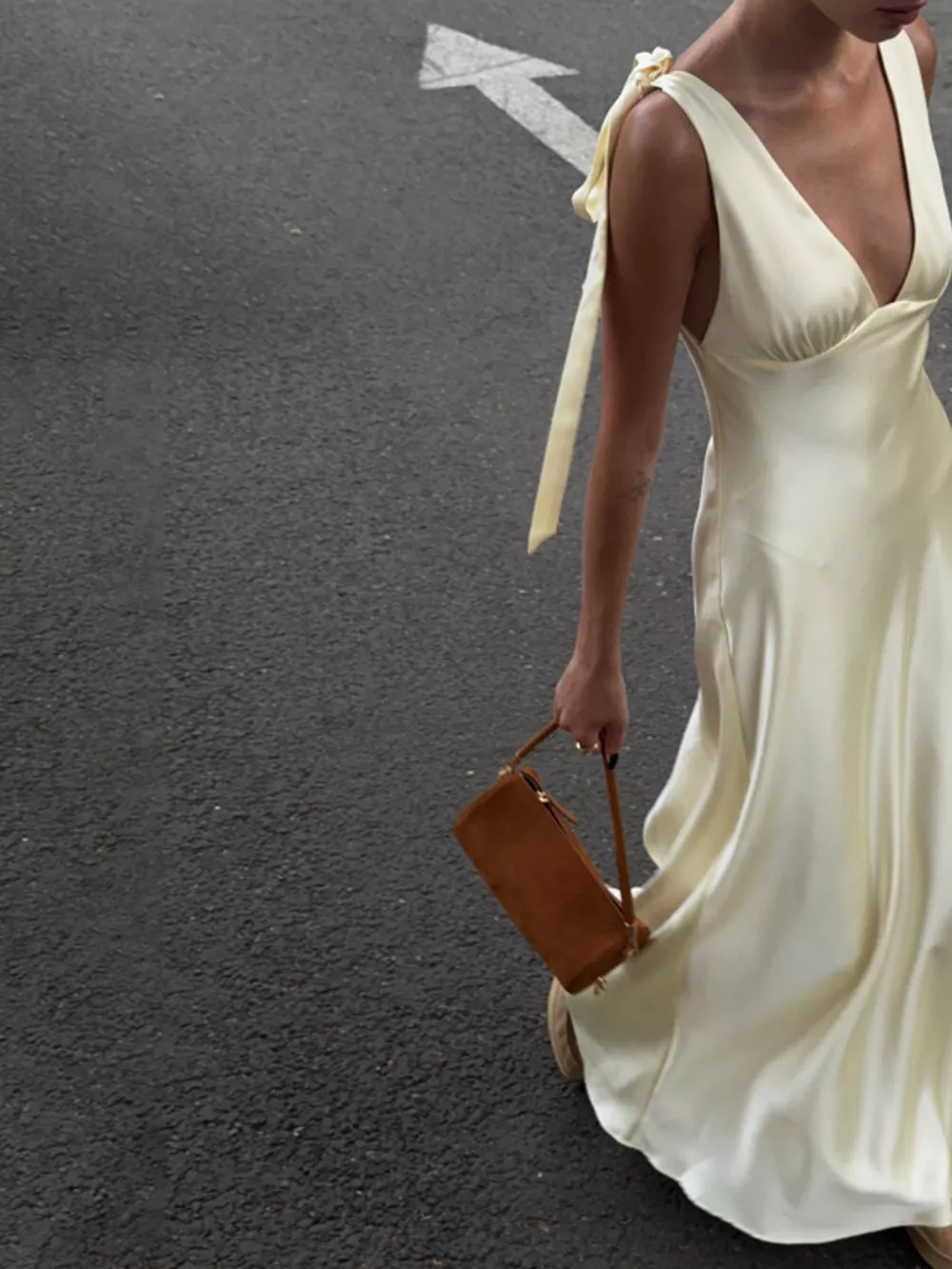 Satin Tie Shoulder Deep V-Neck Dress, image 4