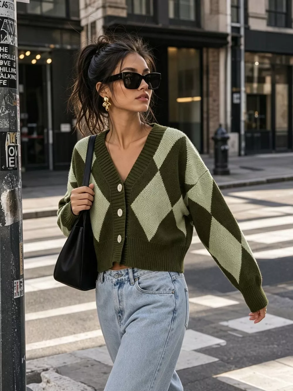 Argyle Pattern V-Neck Button-Down Cardigan, image 21