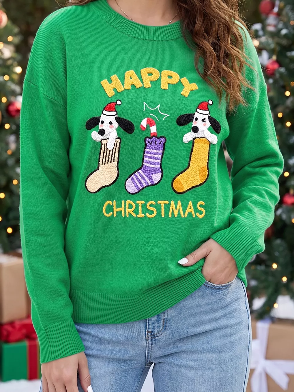 Abstract Patch Embroidery Christmas Pullover Sweater, image 8