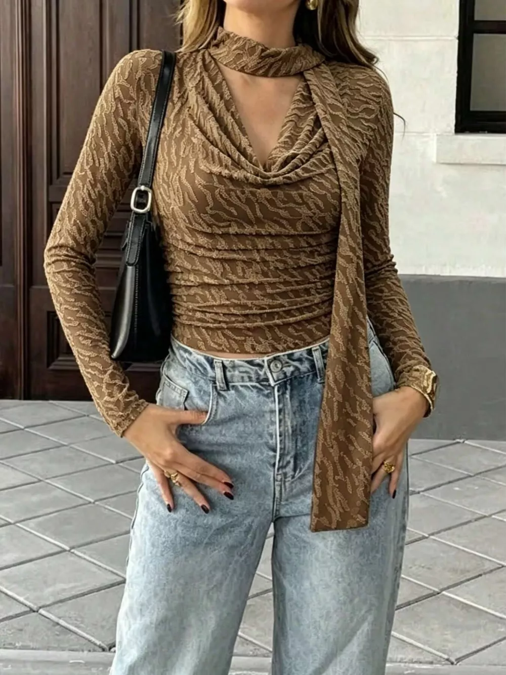 Textured Cowl Neck Long Sleeve Blouse with Scarf Detail, image 6