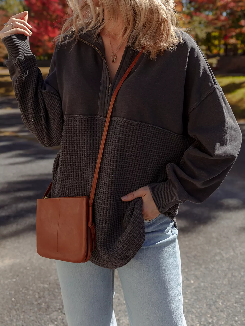 Waffle Knit Patchwork Half Zipped Casual Sweatshirt, image 2