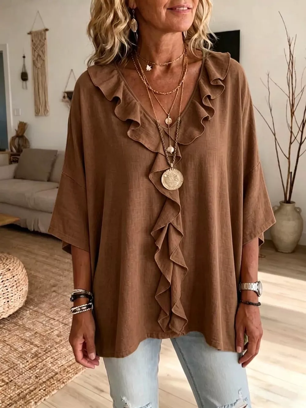 Full Size Ruffled V-Neck 3/4 Sleeve Blouse Plus Size, image 13