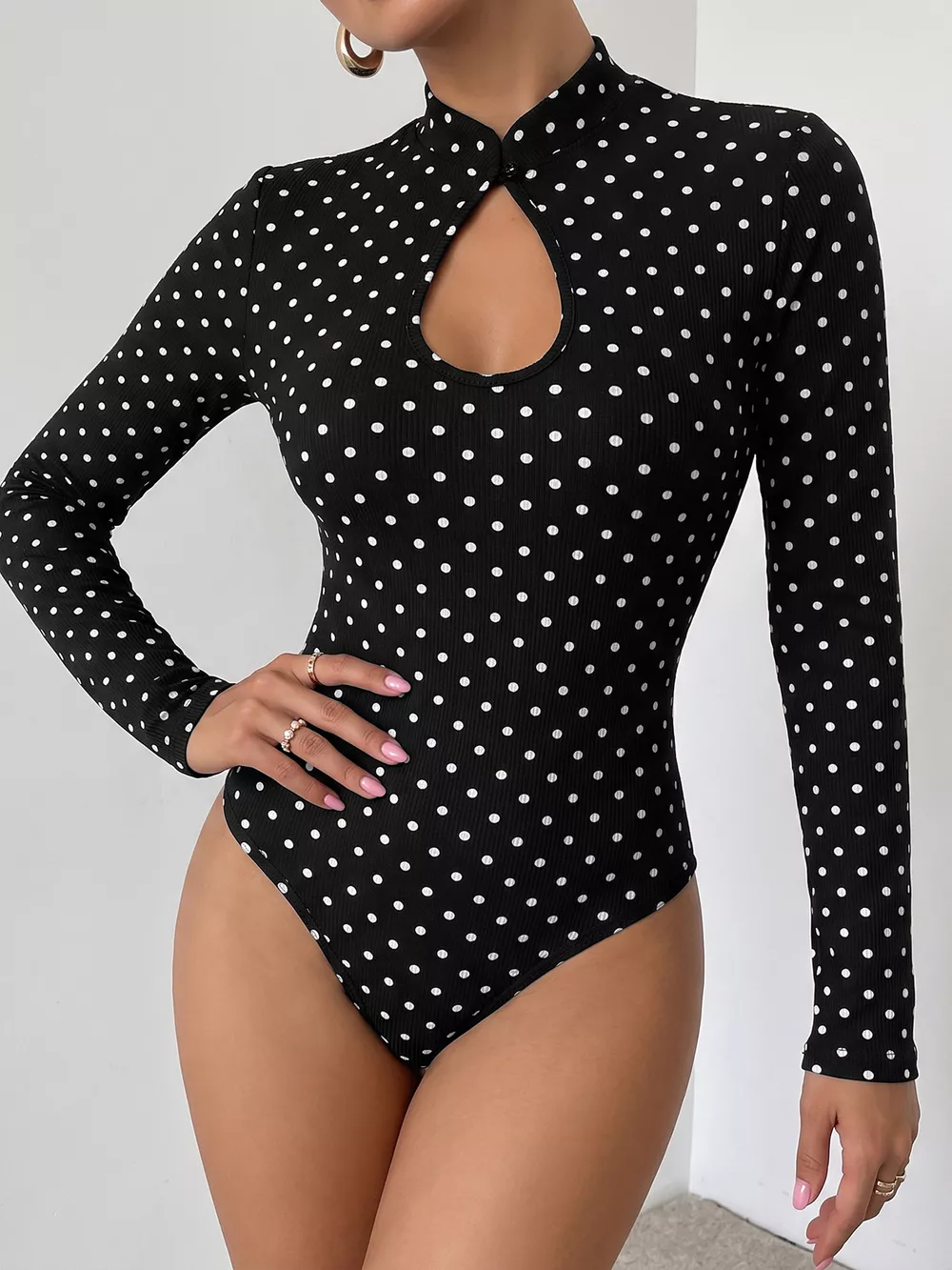 Polka Dot Cutout Long Sleeve Bodysuit, image 4