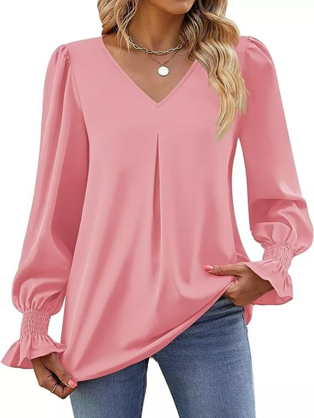 V-Neck Long Sleeve Ruffle Cuff Blouse, image 6