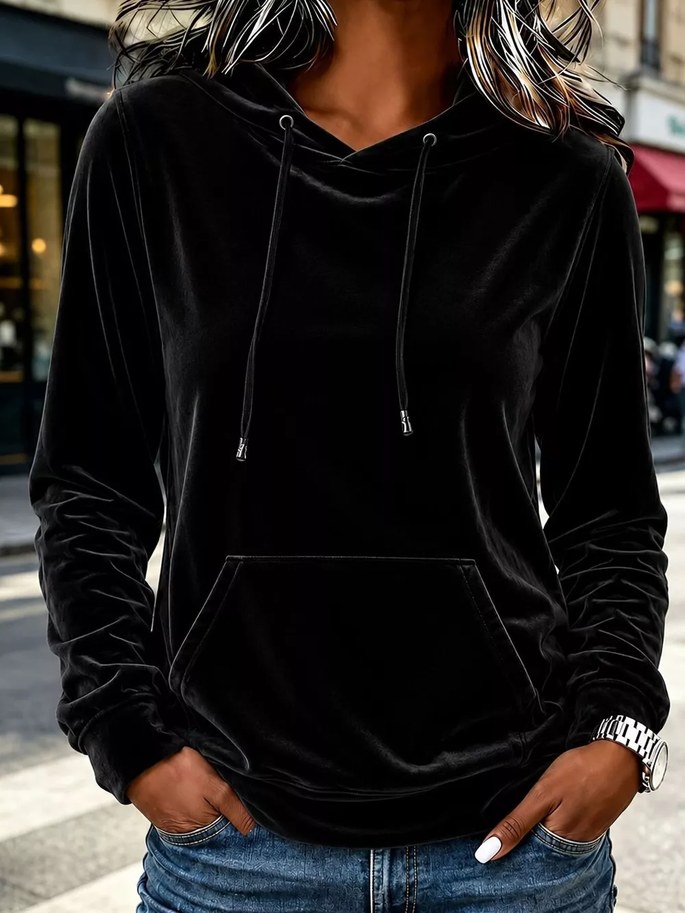 Full Size Velvet Kangaroo Pocket Hoodie Plus Size