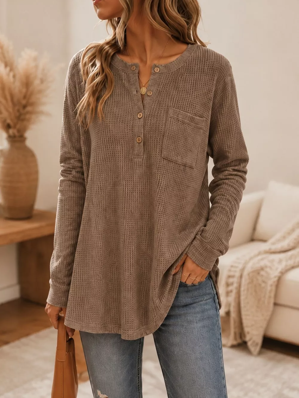Waffle Knit Button Detail Top, image 6
