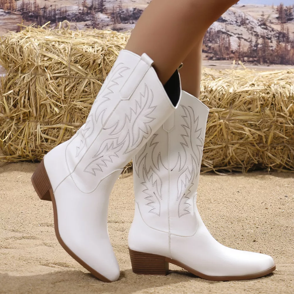 Embroidered Point Toe Block Heels Boots, image 8