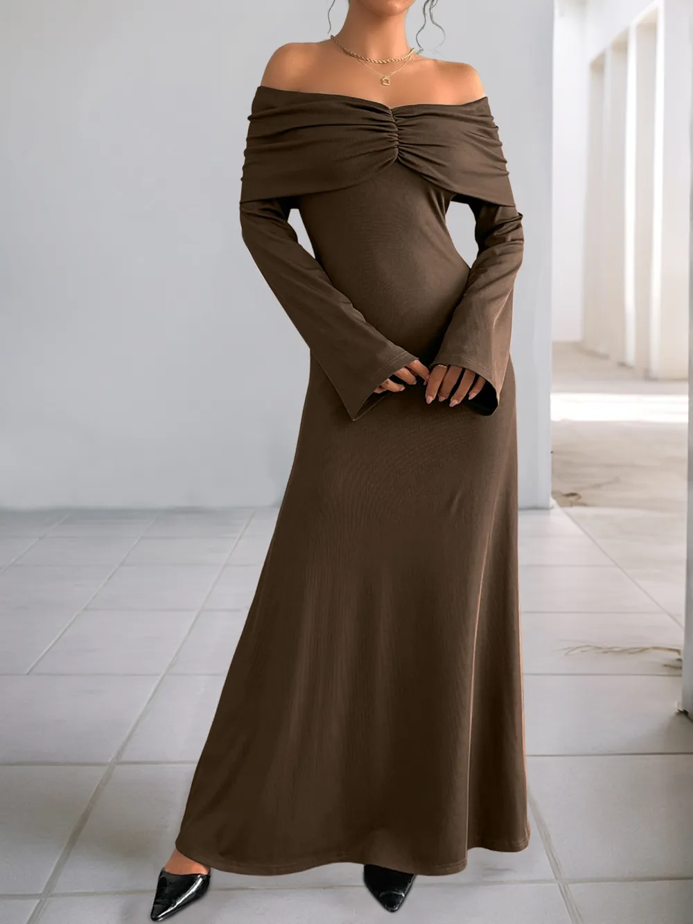 Off-Shoulder Long Sleeve Bodycon Maxi Dress, image 2