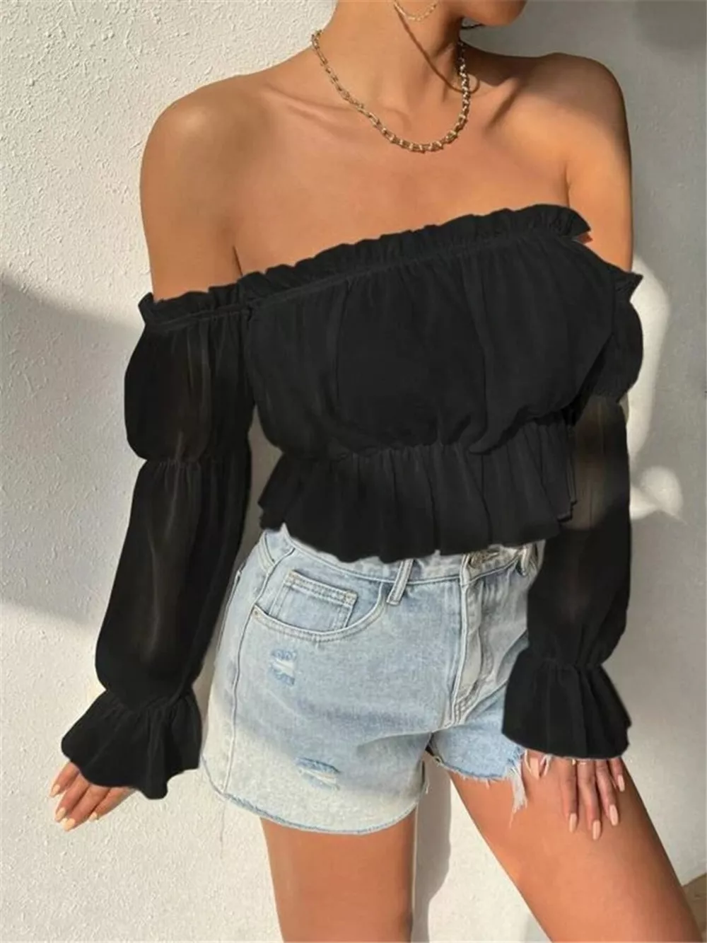 Off-Shoulder Ruffle Trim Sheer Cropped Blouse, image 3