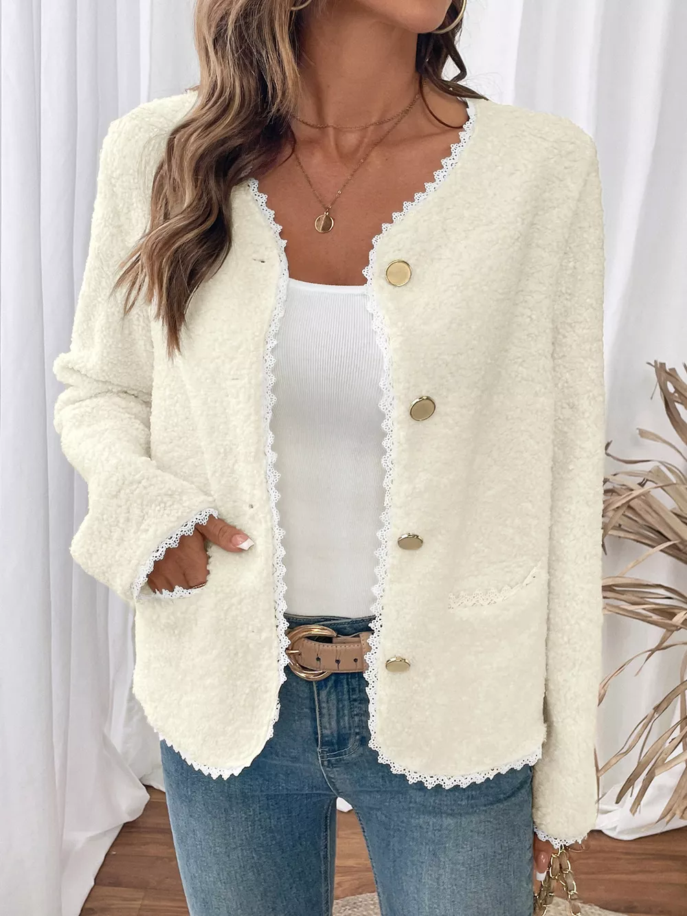 Lace Detail Button Up Long Sleeve Outerwear, image 2