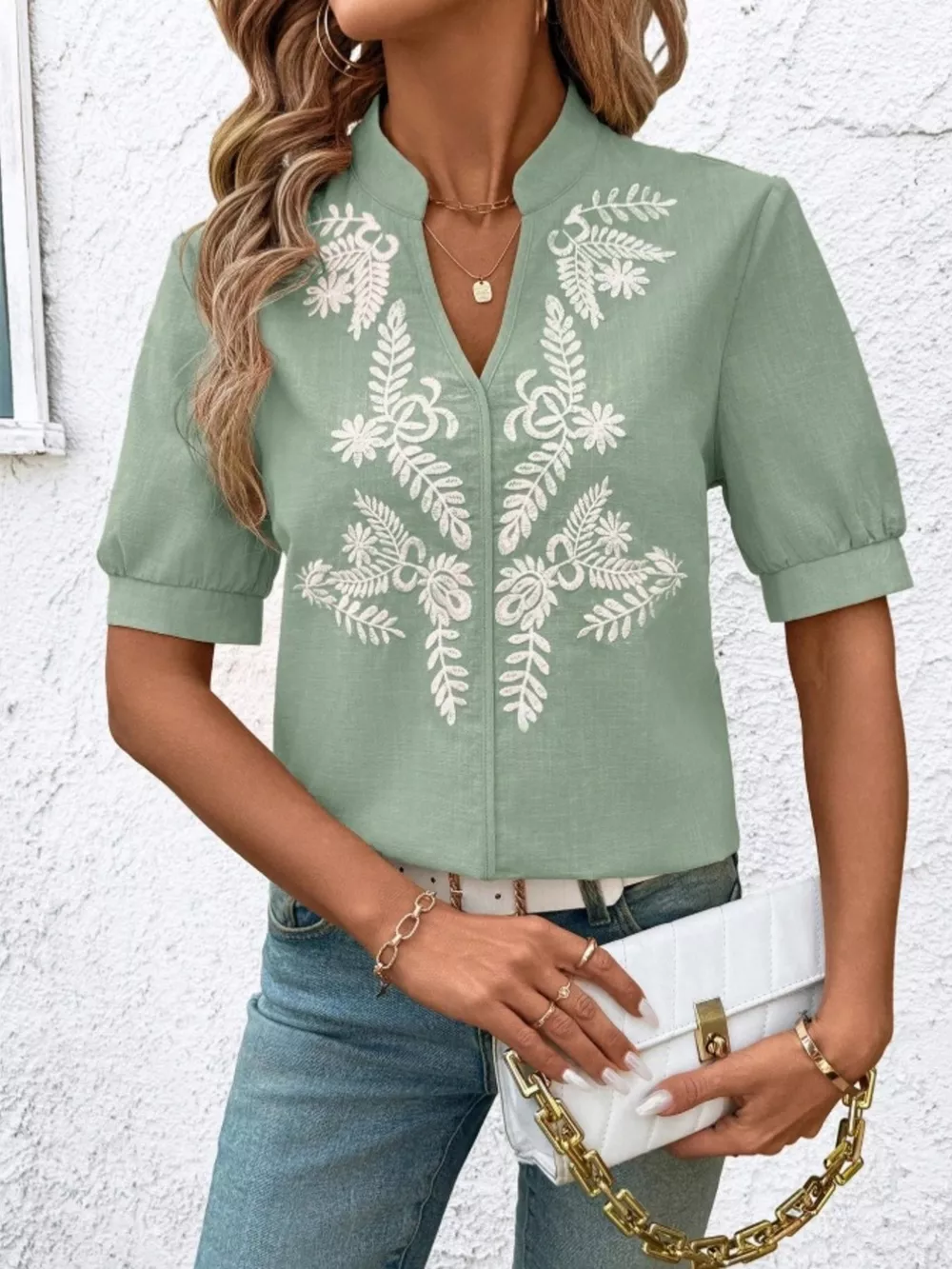Embroidered Notched Short Sleeve Blouse, image 10
