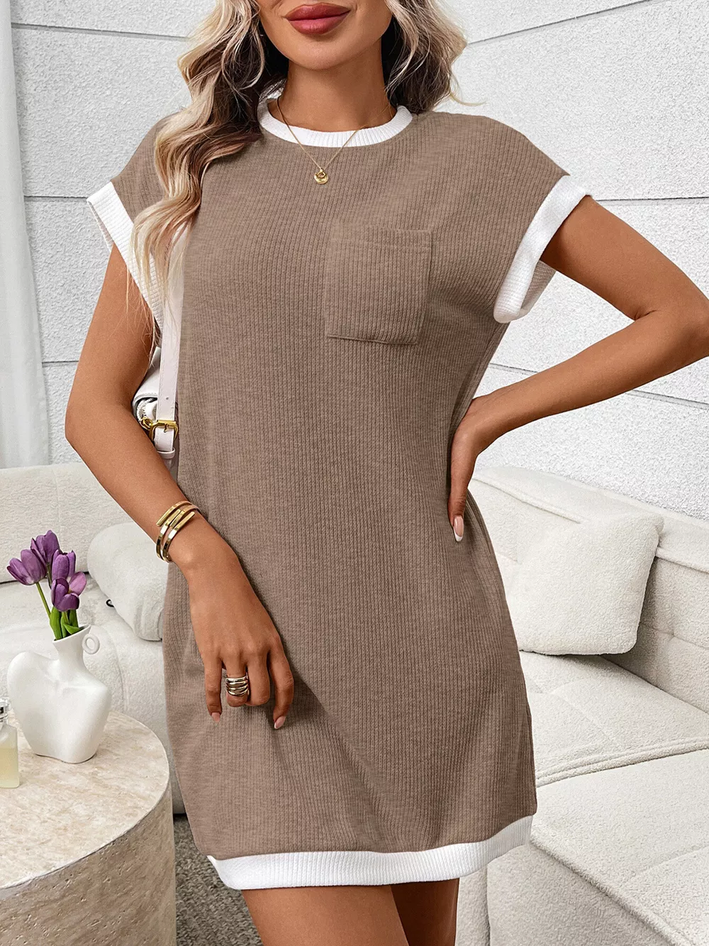 Contrast Trim Ribbed Knit Mini Dress with Pocket