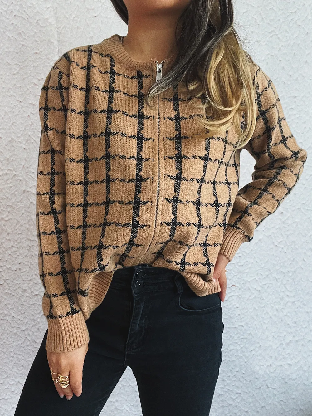 Plaid Pattern Zip Up Cardigan, image 3