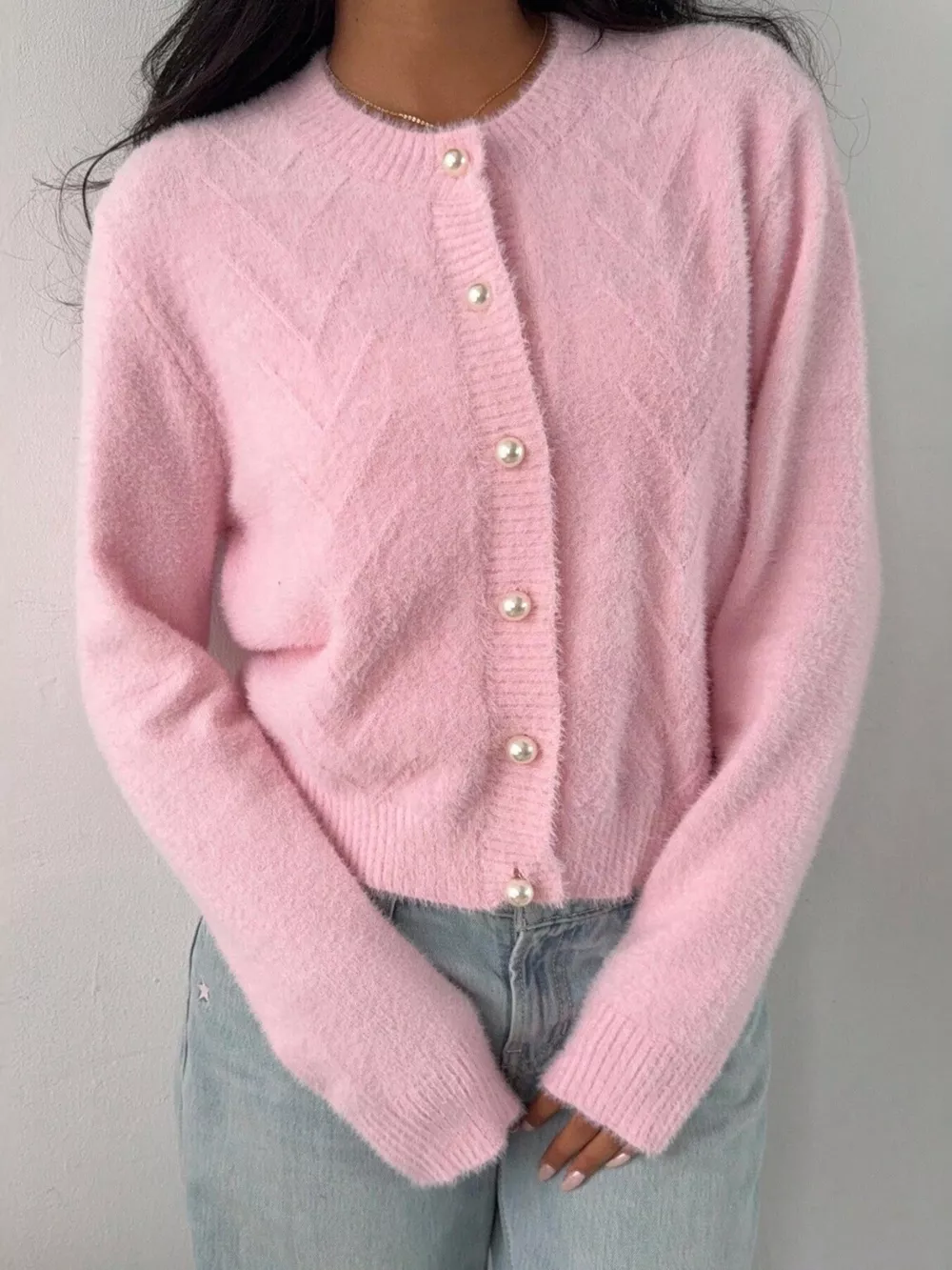 Soft Fuzzy Texture Cardigan with Pearl Buttons, image 2