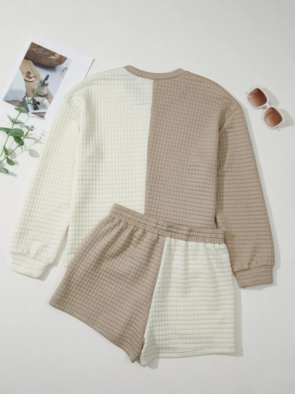 Color Block Patchwork Textured Long Sleeve Top and Short Lounge Set, image 2