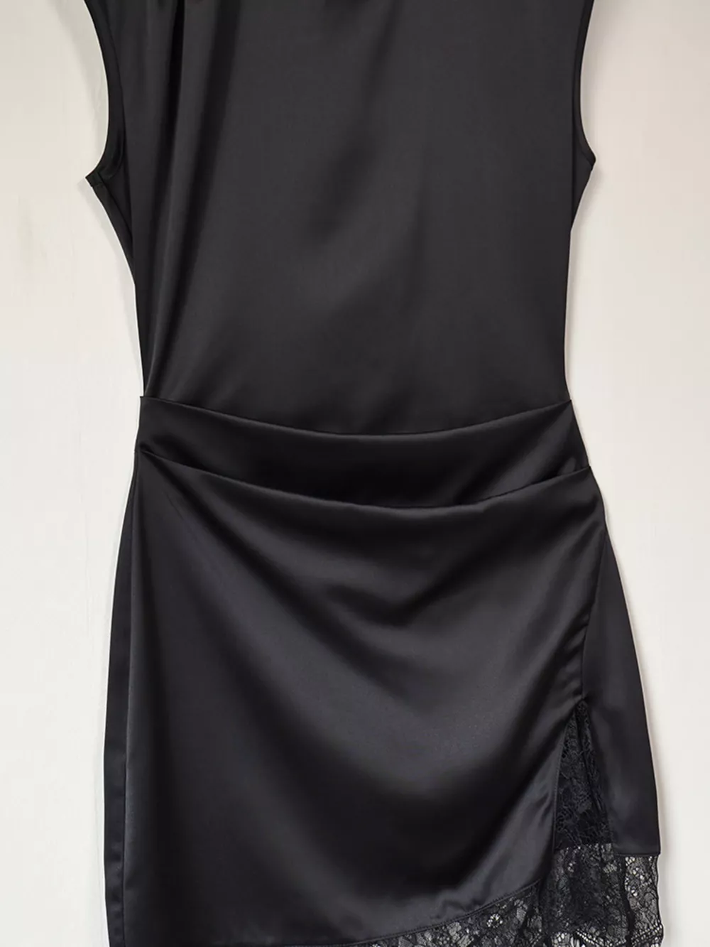 Satin Mock Neck Sleeveless Mini Dress with Lace Hem, image 12