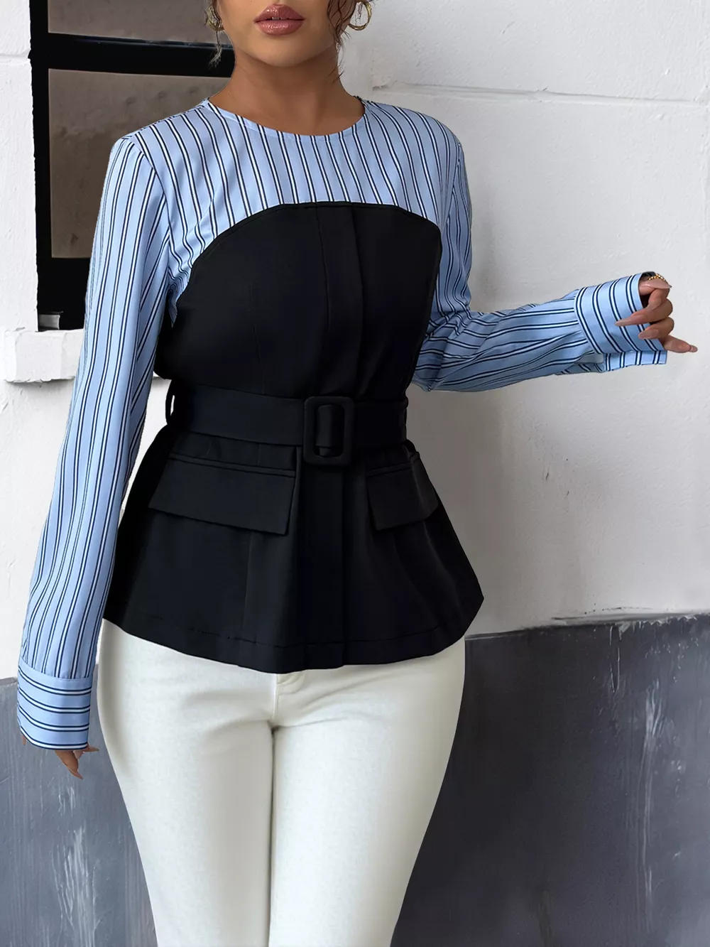 Striped Long Sleeve Blouse with Bow Tie, image 6