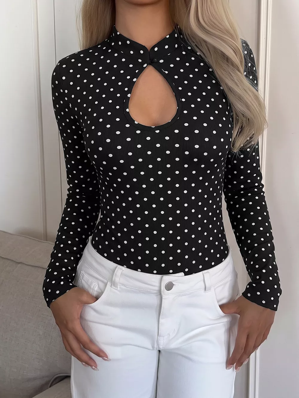 Polka Dot Cutout Long Sleeve Bodysuit, image 2