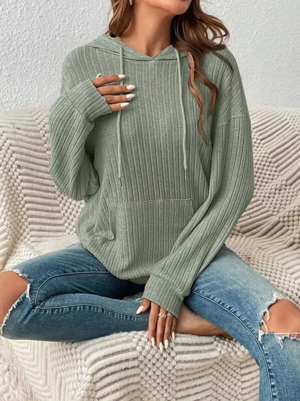 Casual Ribbed Knit Drawstring Hoodie, image 16
