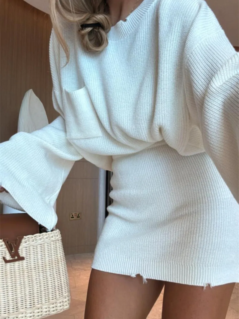 Ribbed Knit Long Sleeve Top and Skirt Sweater Set, image 3