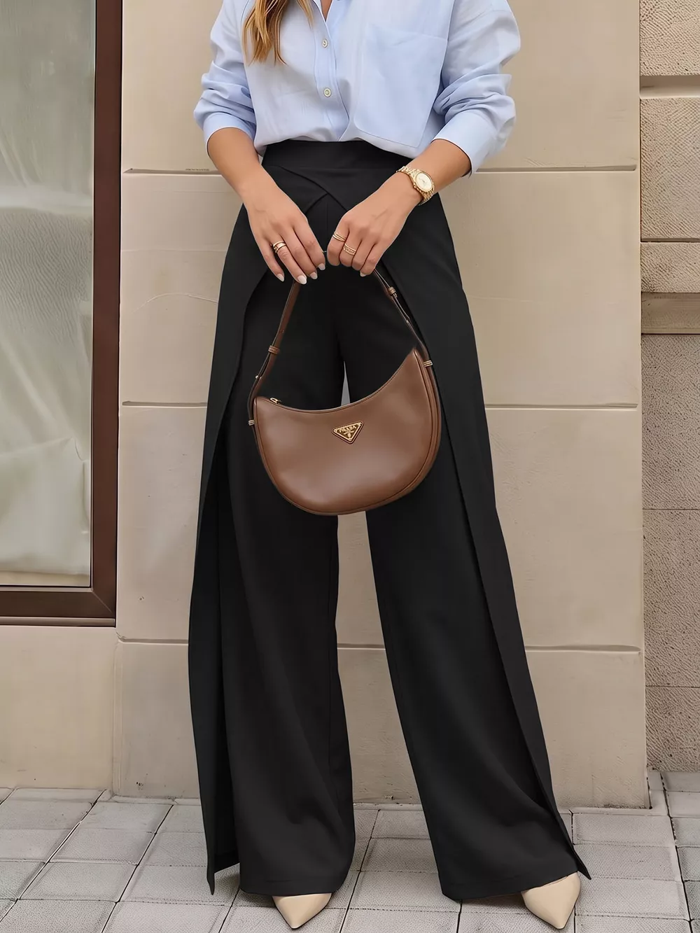 Wide-Leg Pants with Overlap Front Detail, image 4