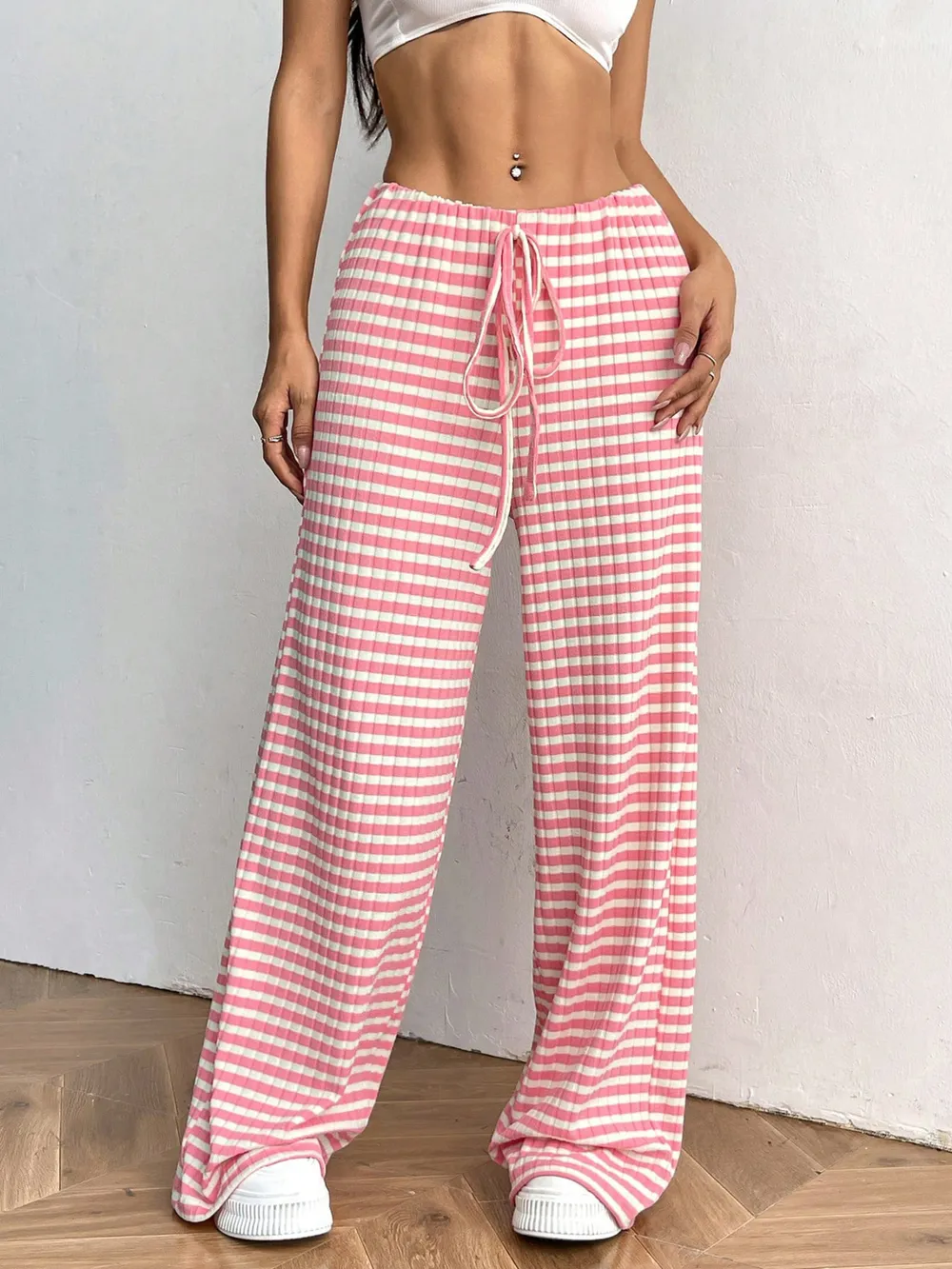 Striped Wide Leg Drawstring Pants, image 5