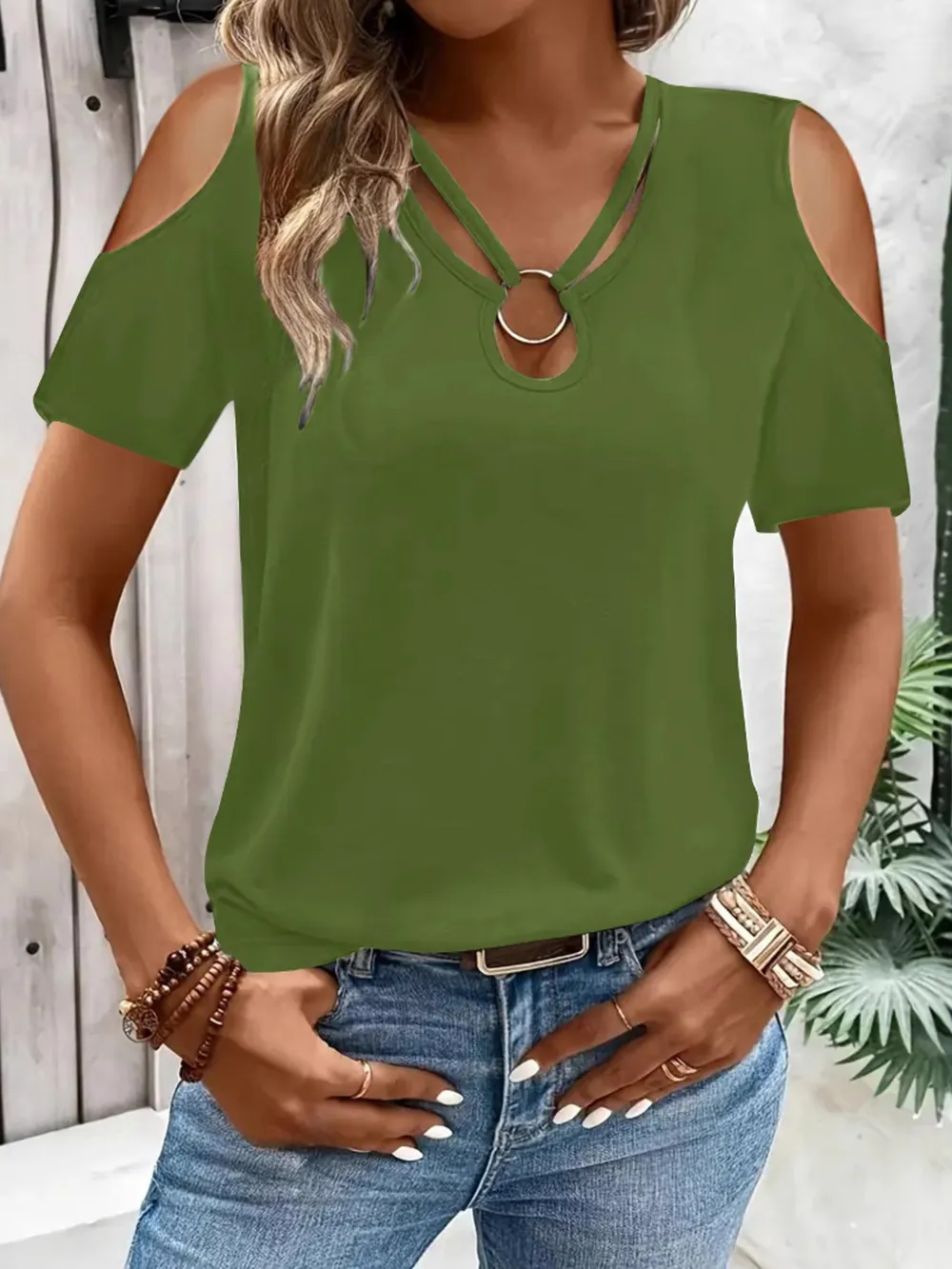 Cold Shoulder T-Shirt with Metal Ring Detail, image 7