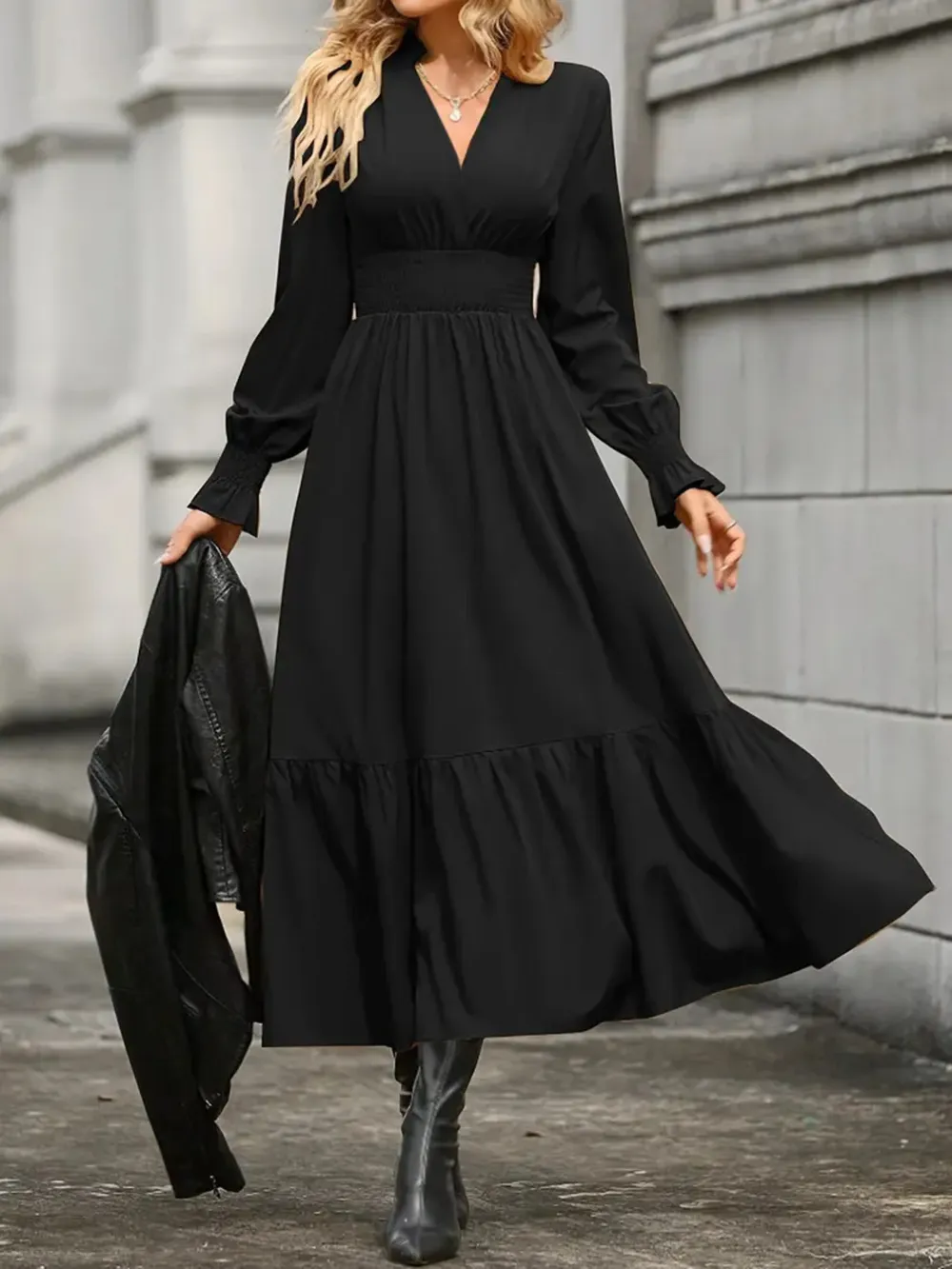Notched Long Sleeve Tiered Dress