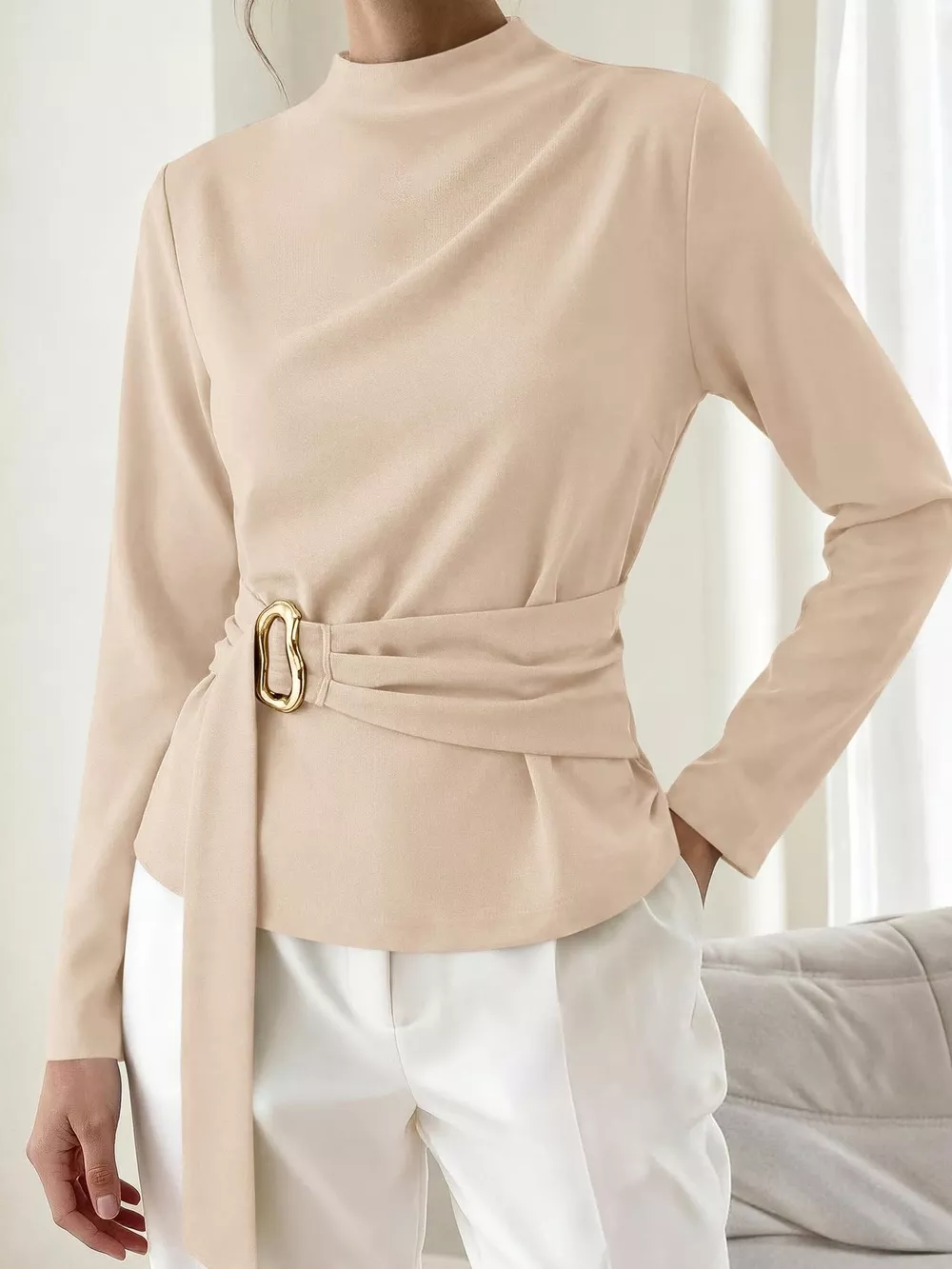 Mock Neck Blouse with Waist-Defining Metal Buckle Detail, image 4