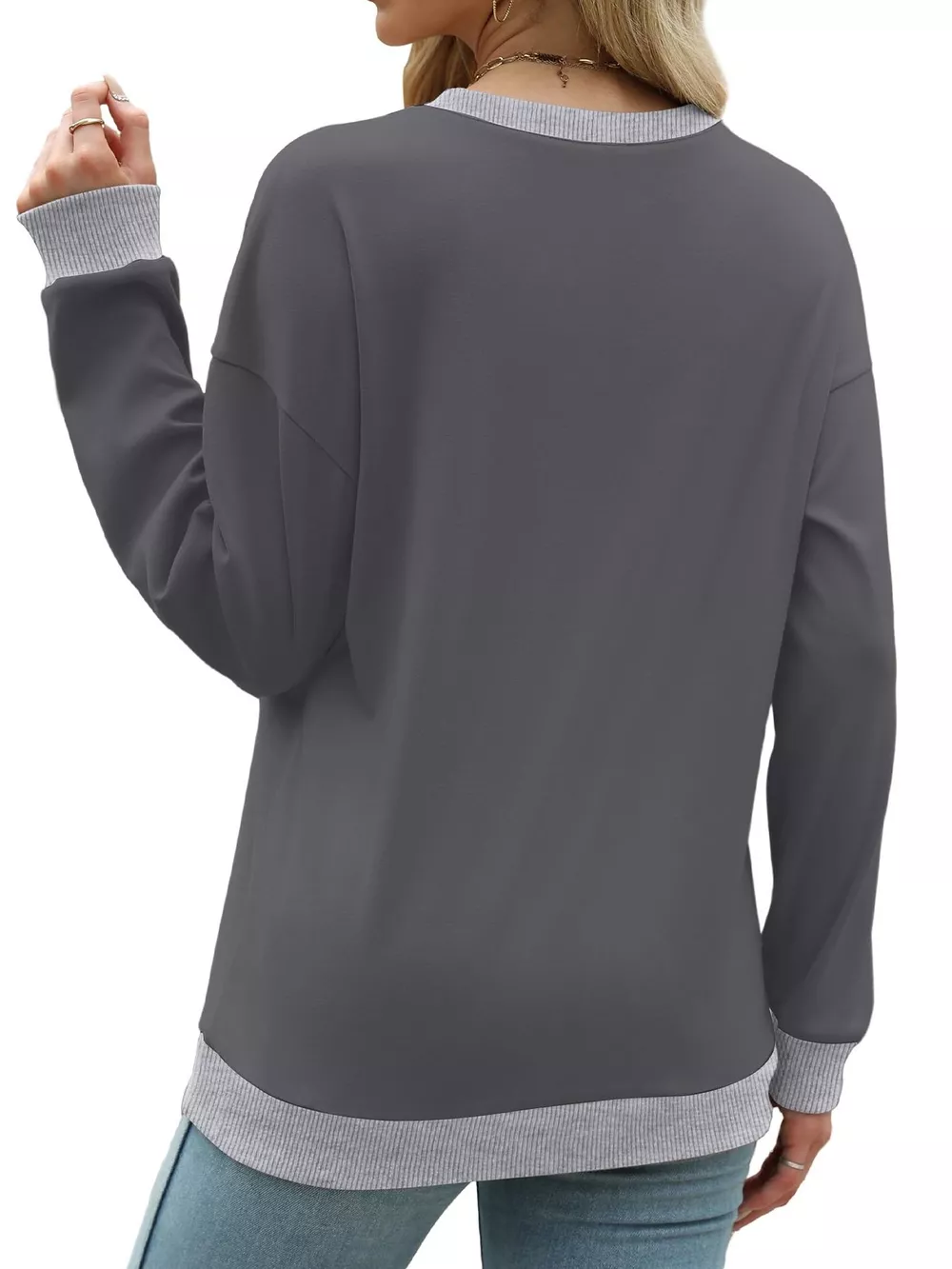 Contrast Trim Crew Neck Casual Sweatshirt, image 2