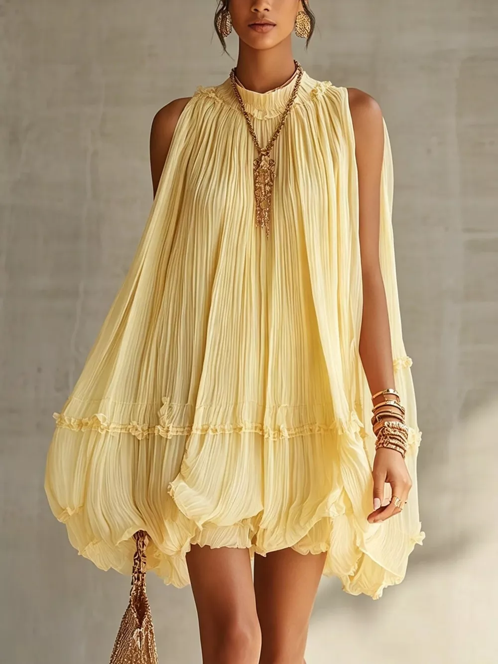 Pleated Mock Neck Sleeveless Mini Dress, image 5