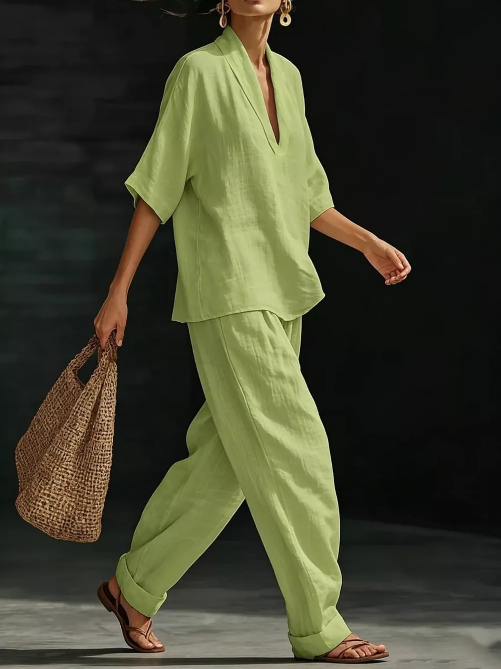 Full Size Half Sleeve Top and Wide Leg Pants Set Plus Size, image 5