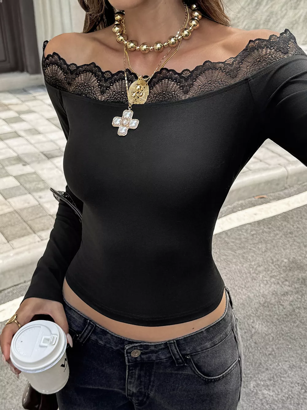 Off-Shoulder Lace Trim Long Sleeve T-Shirt, image 4