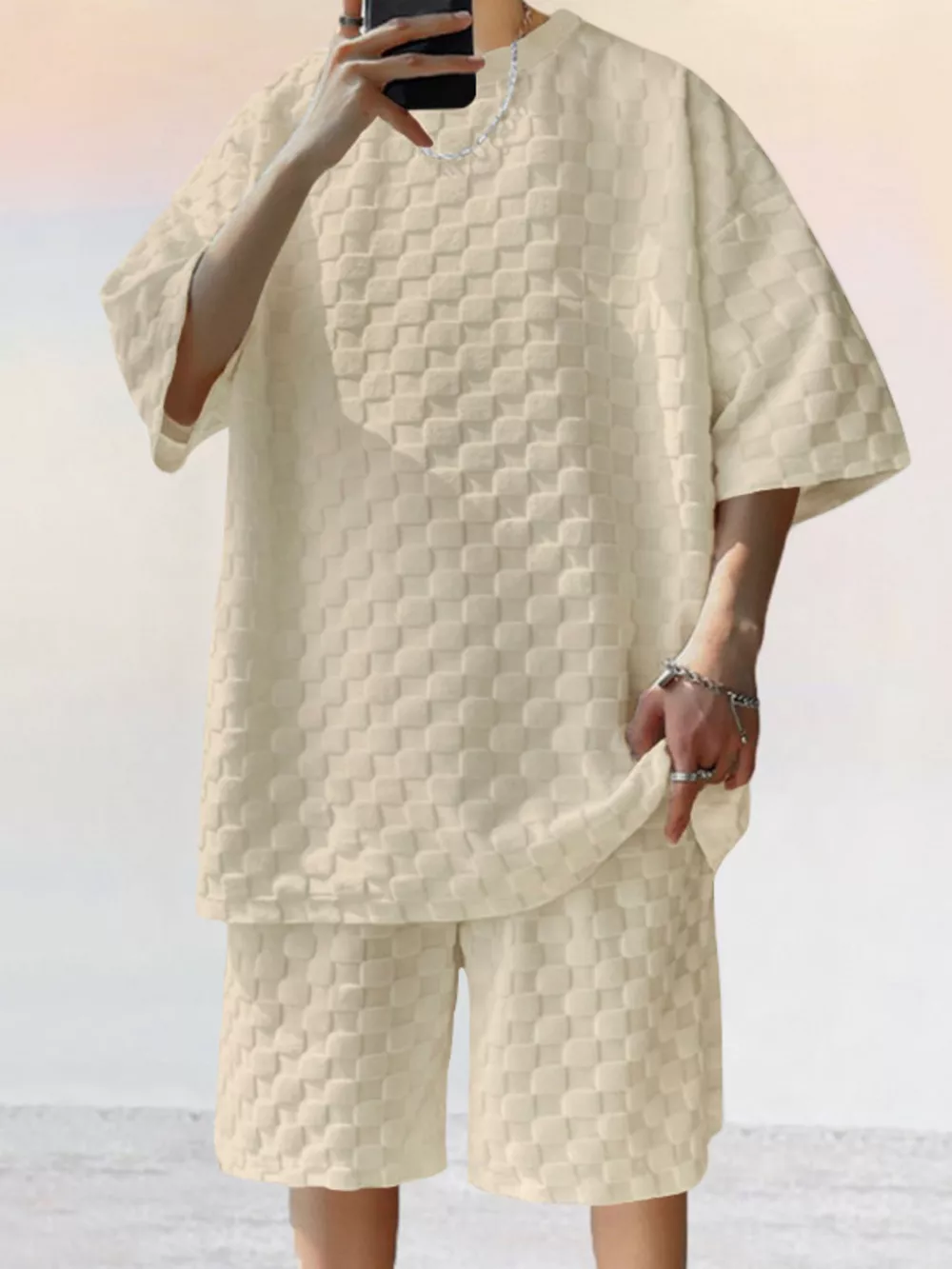 Men's Full Size Textured Short Sleeve Tee and Shorts Casual Set Plus Size, image 6