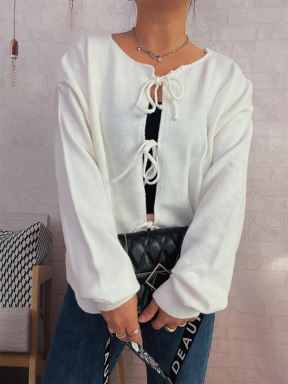 Tie Front Drop Shoulder Cardigan, image 4
