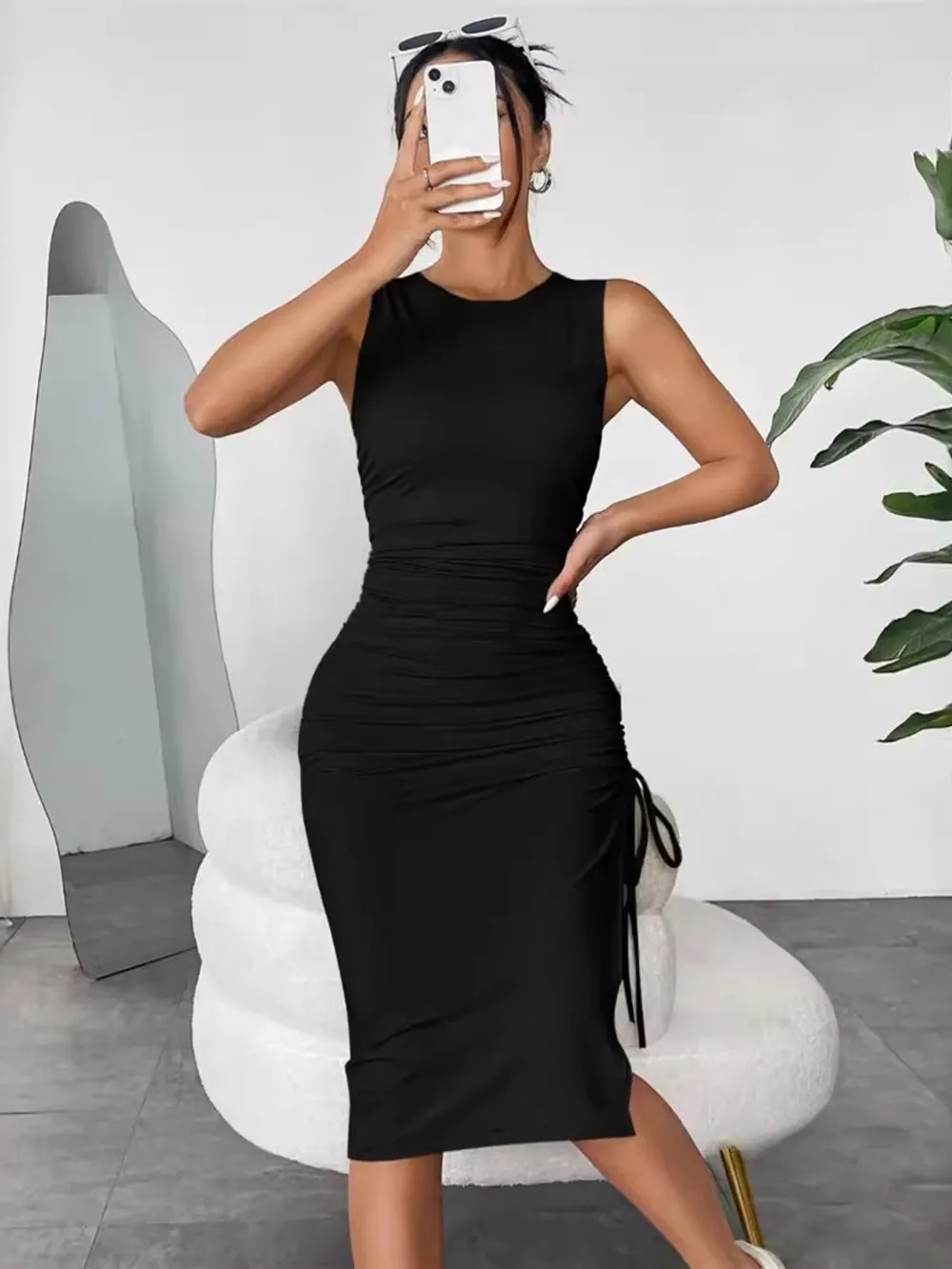Sleeveless Ruched Bodycon Midi Dress with Side Drawstring, image 9