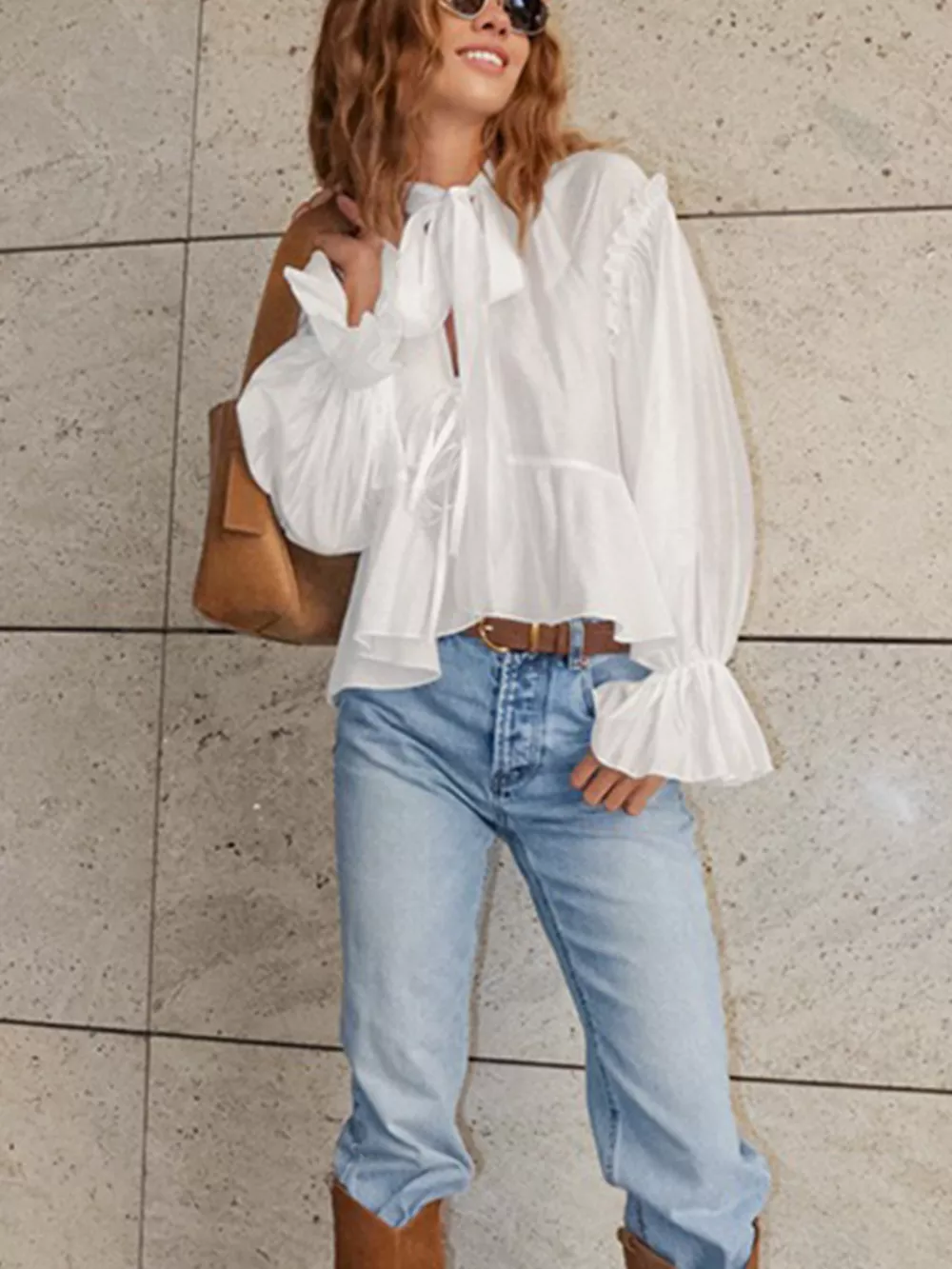 Tie Neck Flounce Sleeve Blouse, image 2