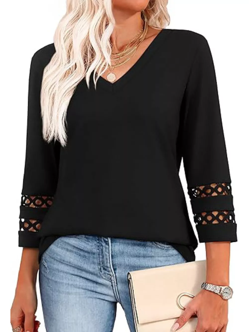 V-Neck Cutout 3/4 Sleeve T-Shirt