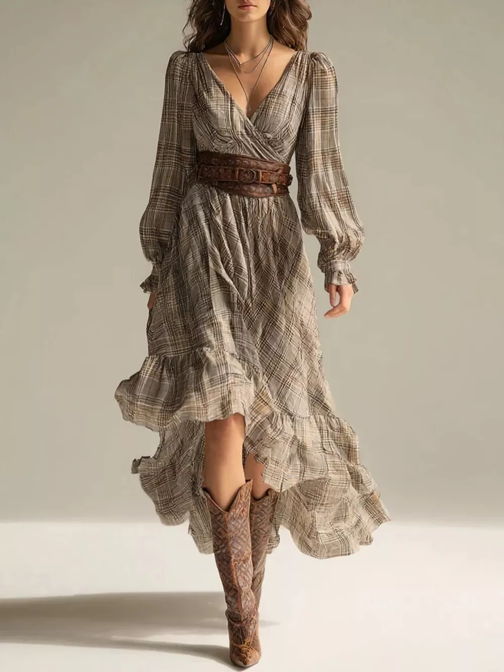 Plaid High-Low Long Sleeve Dress, image 2