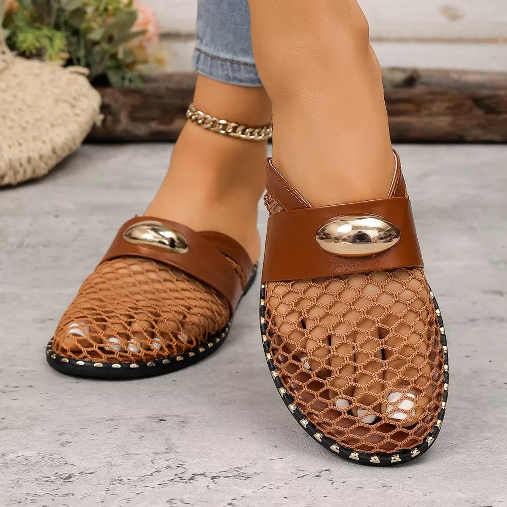 Mesh Hollow-Out Flat Sandals with Metallic Embellishment